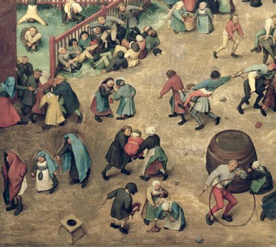 Kinderspiele: Detail des linken Abschnitts, der Kinder zeigt, die Reifen rollen, Handstände machen, mit einem Steckenpferd spielen und andere Spiele, 1560 (Detail) von Pieter Bruegel the Elder